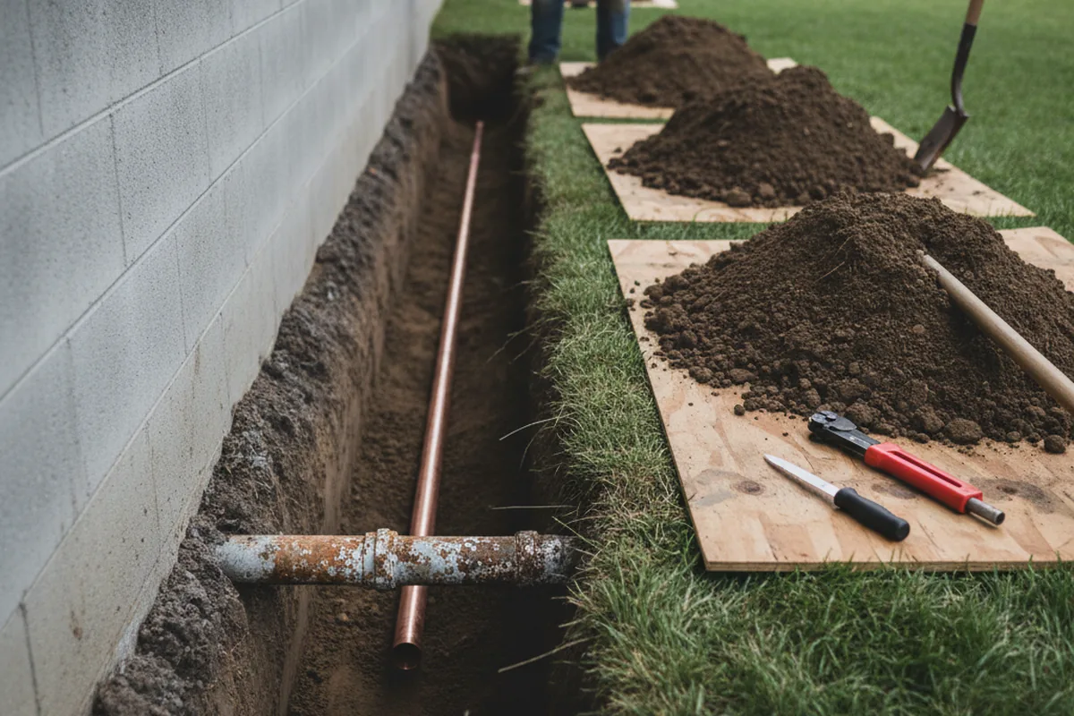 Excavated water line trench during Water Softener Installation in Bowerston